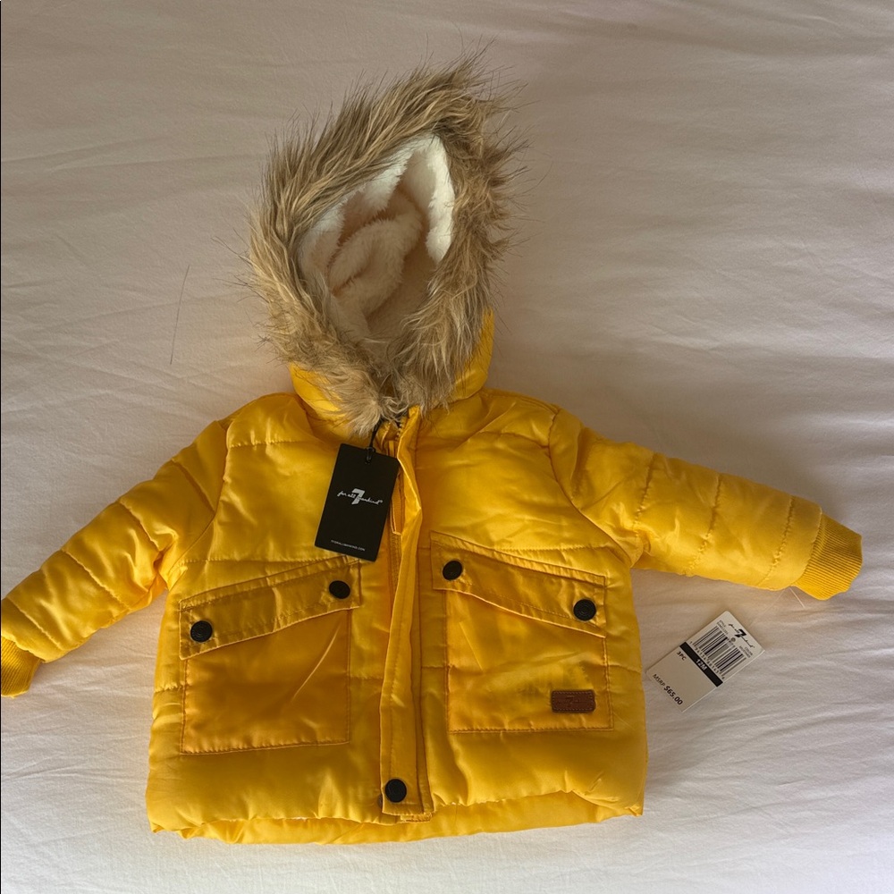 NWT 7 For All Mankind Yellow Puffer Jacket with Faux Fur Hood
